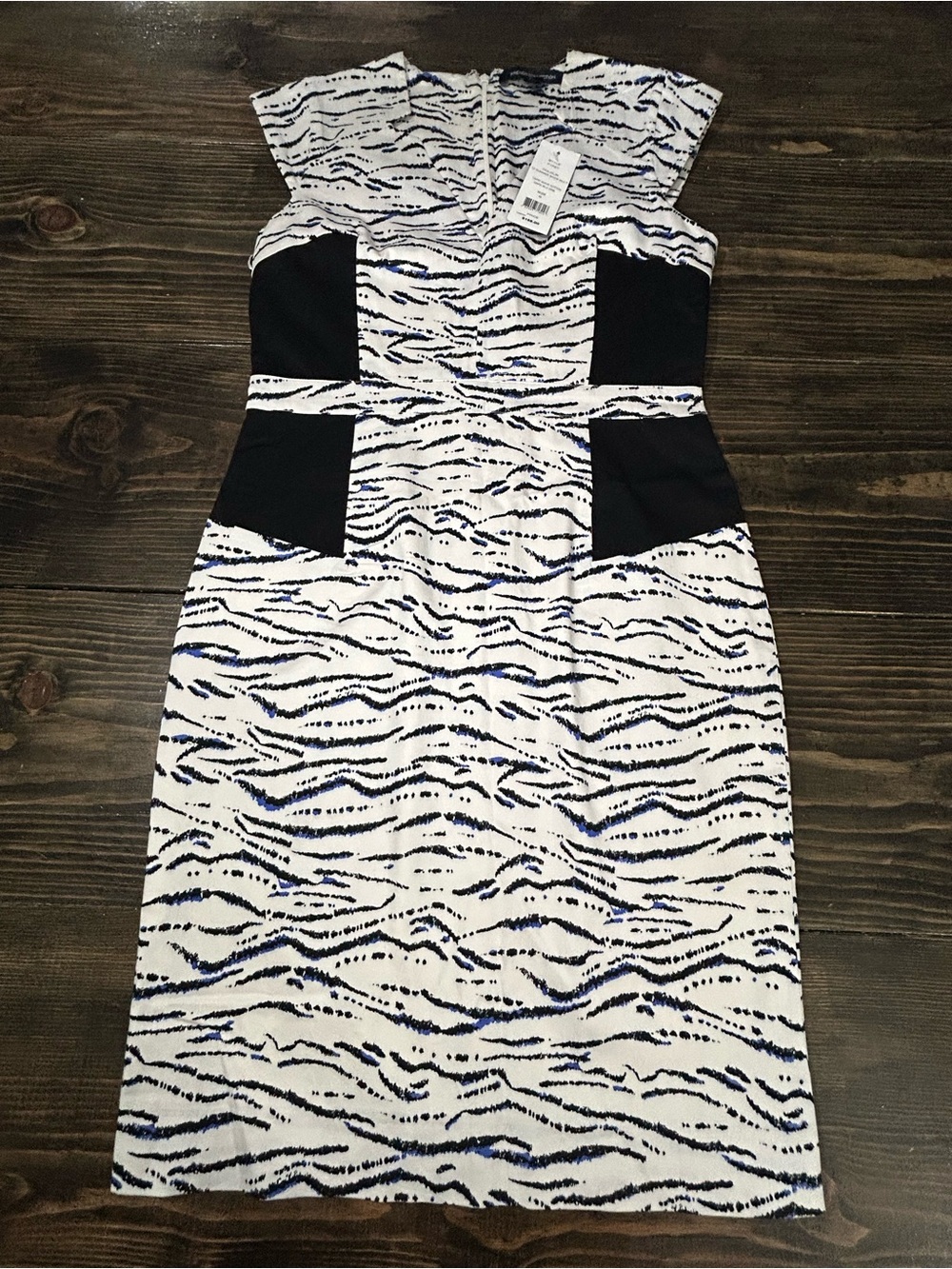 French Connection White, Navy & Black Print Sheath Midi Dress